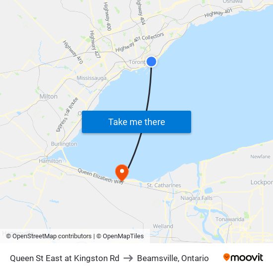 Queen St East at Kingston Rd to Beamsville, Ontario map