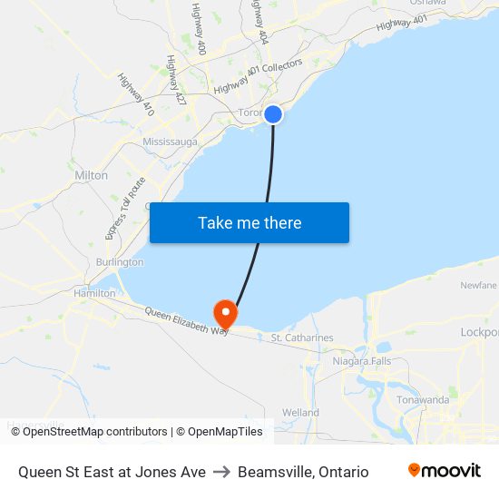 Queen St East at Jones Ave to Beamsville, Ontario map