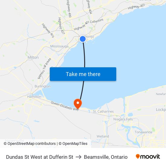 Dundas St West at Dufferin St to Beamsville, Ontario map