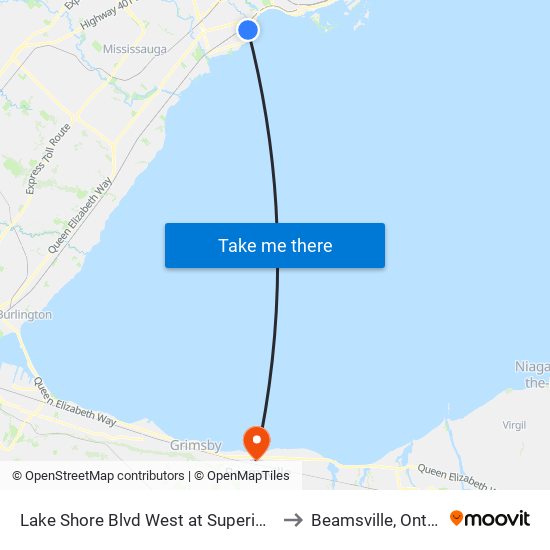 Lake Shore Blvd West at Superior Ave to Beamsville, Ontario map