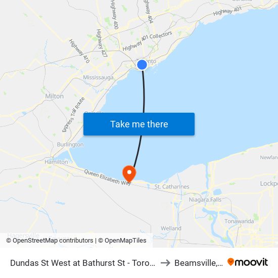 Dundas St West at Bathurst St - Toronto Western Hospital to Beamsville, Ontario map