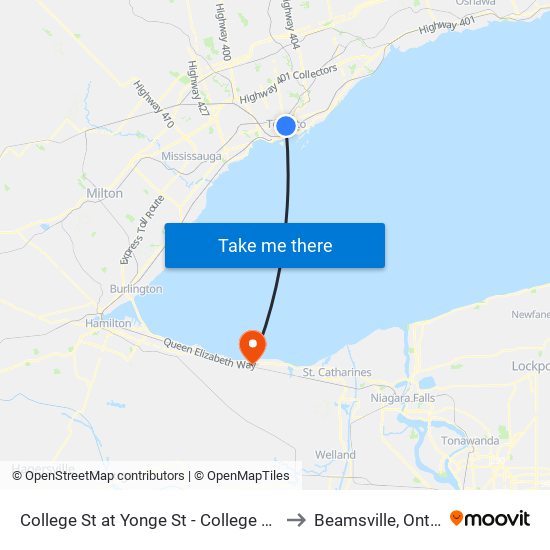 College St at Yonge St - College Station to Beamsville, Ontario map