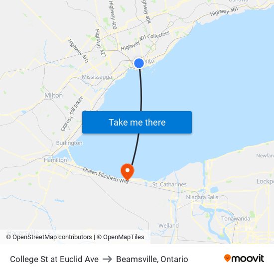 College St at Euclid Ave to Beamsville, Ontario map