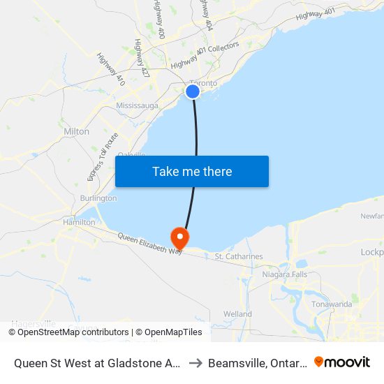 Queen St West at Gladstone Ave to Beamsville, Ontario map
