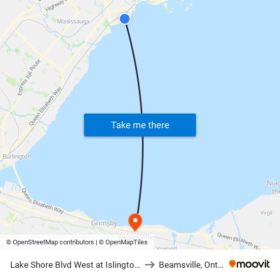 Lake Shore Blvd West at Islington Ave to Beamsville, Ontario map