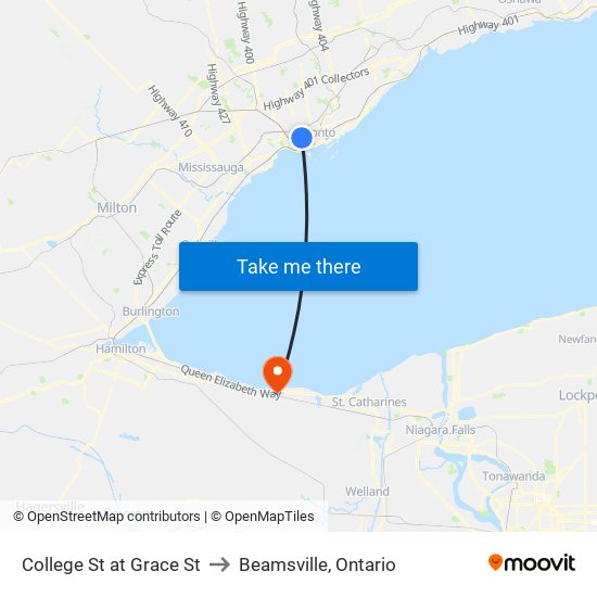 College St at Grace St to Beamsville, Ontario map