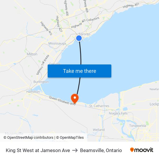 King St West at Jameson Ave to Beamsville, Ontario map