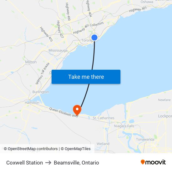 Coxwell Station to Beamsville, Ontario map