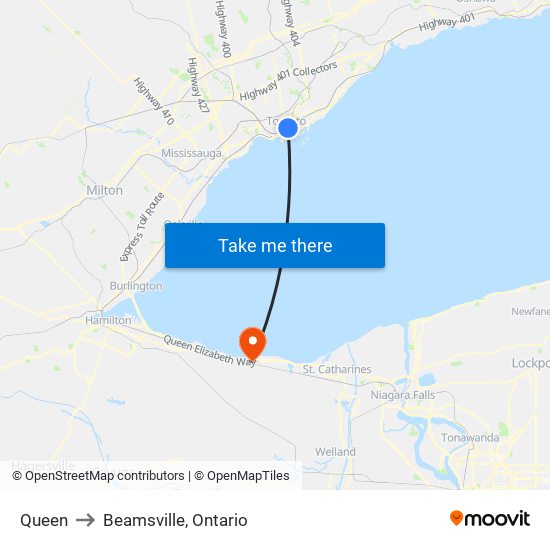 Queen to Beamsville, Ontario map