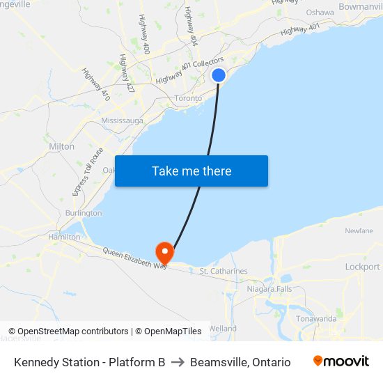 Kennedy Station - Platform B to Beamsville, Ontario map