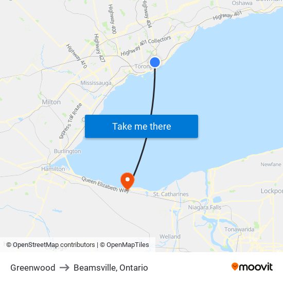 Greenwood to Beamsville, Ontario map