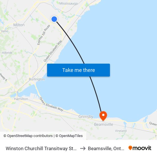 Winston Churchill Transitway Station to Beamsville, Ontario map