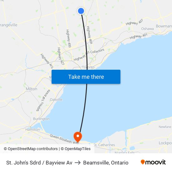 St. John's Sdrd / Bayview Av to Beamsville, Ontario map