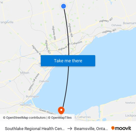 Southlake Regional Health Centre to Beamsville, Ontario map