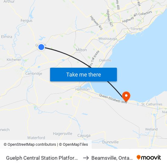 Guelph Central Station Platform 2 to Beamsville, Ontario map