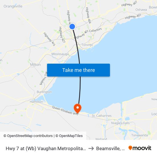 Hwy 7 at (Wb) Vaughan Metropolitan Centre Station to Beamsville, Ontario map