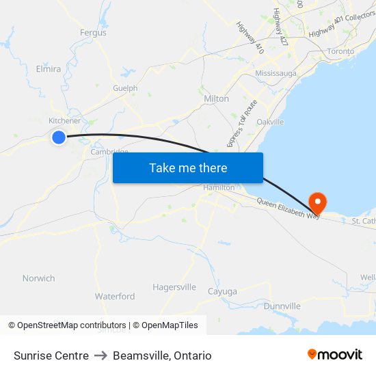 Sunrise Centre to Beamsville, Ontario map