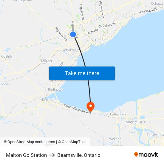 Malton Go Station to Beamsville, Ontario map