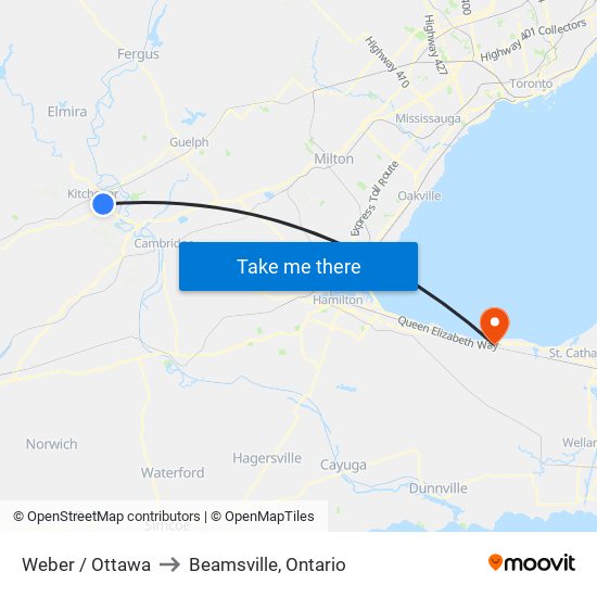 Weber / Ottawa to Beamsville, Ontario map
