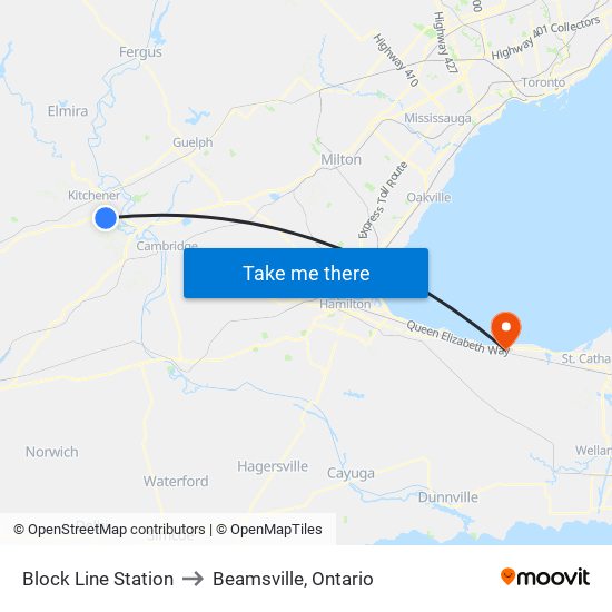 Block Line Station to Beamsville, Ontario map