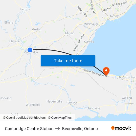 Cambridge Centre Station to Beamsville, Ontario map