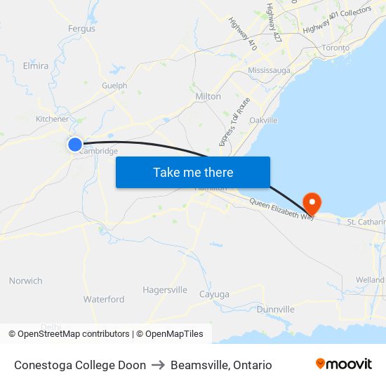 Conestoga College Doon to Beamsville, Ontario map