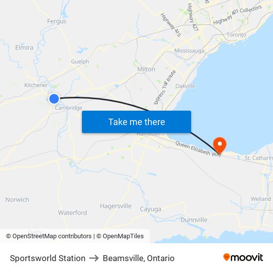 Sportsworld Station to Beamsville, Ontario map