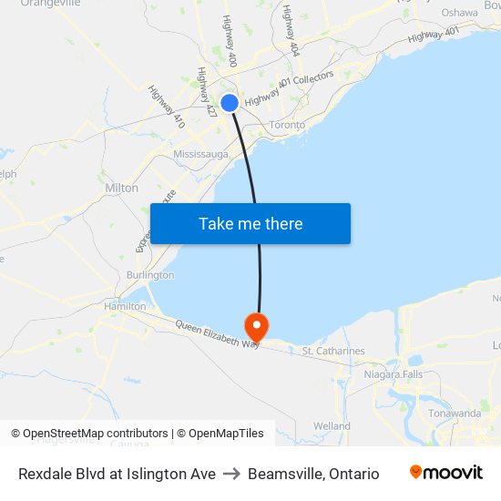 Rexdale Blvd at Islington Ave to Beamsville, Ontario map