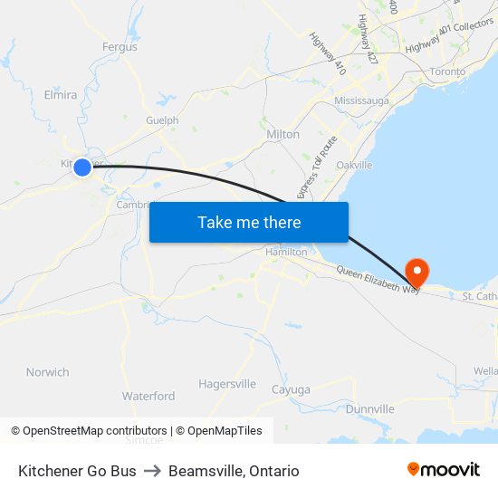 Kitchener Go Bus to Beamsville, Ontario map
