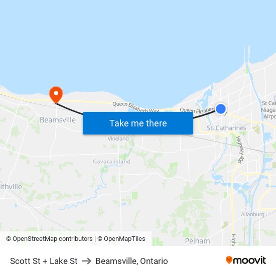 Scott St + Lake St to Beamsville, Ontario map