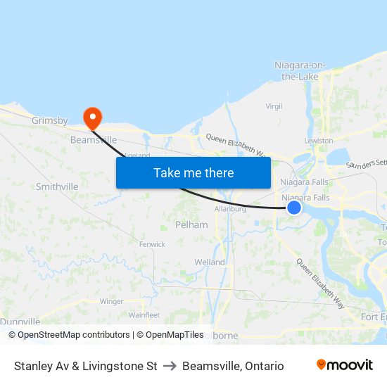 Stanley Av & Livingstone St to Beamsville, Ontario map