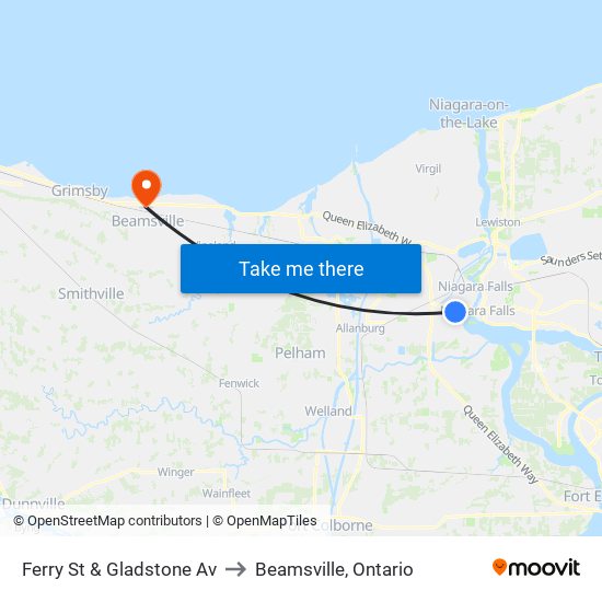 Ferry St & Gladstone Av to Beamsville, Ontario map