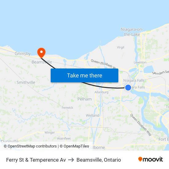 Ferry St & Temperence Av to Beamsville, Ontario map