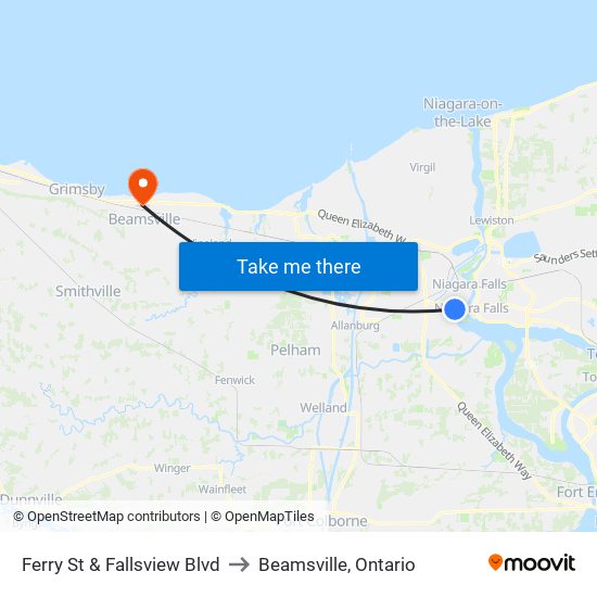 Ferry St & Fallsview Blvd to Beamsville, Ontario map