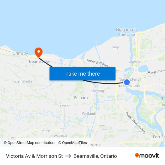 Victoria Av & Morrison St to Beamsville, Ontario map