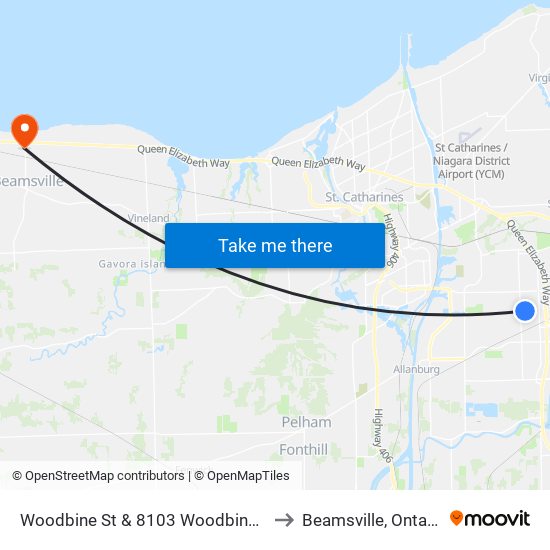 Woodbine St & 8103 Woodbine St to Beamsville, Ontario map