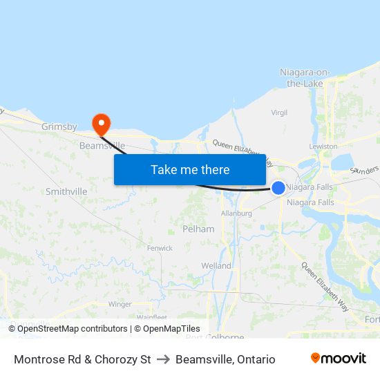 Montrose Rd & Chorozy St to Beamsville, Ontario map