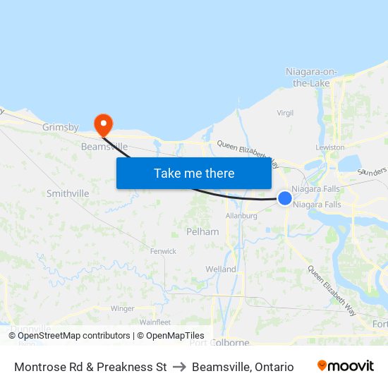 Montrose Rd & Preakness St to Beamsville, Ontario map