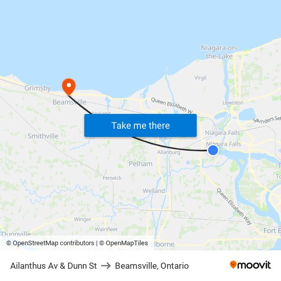 Ailanthus Av & Dunn St to Beamsville, Ontario map