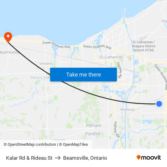 Kalar Rd & Rideau St to Beamsville, Ontario map