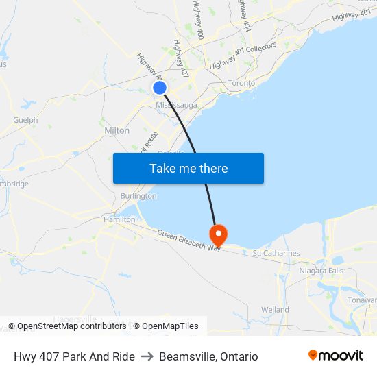 Hwy 407 Park And Ride to Beamsville, Ontario map