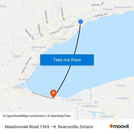 Meadowvale Road 1365 to Beamsville, Ontario map