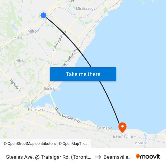 Steeles Ave. @ Trafalgar Rd. (Toronto Premium Outlets) to Beamsville, Ontario map