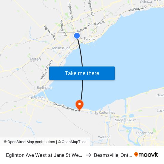 Eglinton Ave West at Jane St West Side to Beamsville, Ontario map