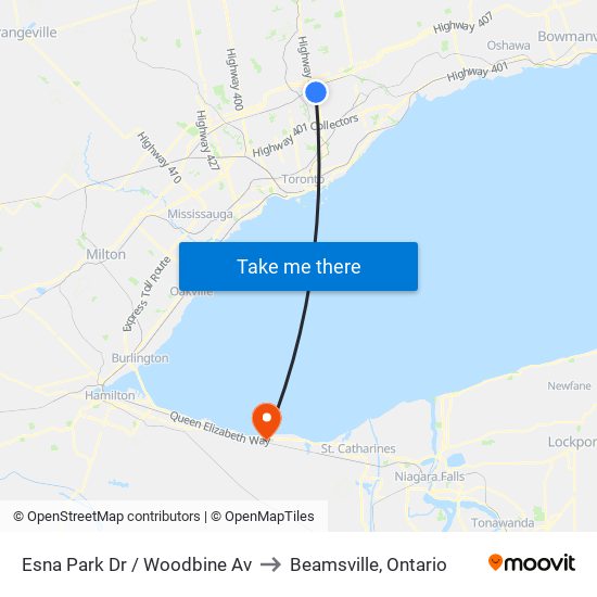 Esna Park Dr / Woodbine Av to Beamsville, Ontario map