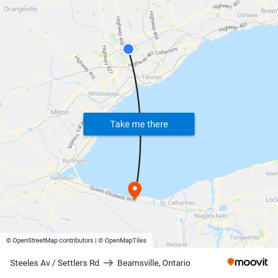 Steeles Av / Settlers Rd to Beamsville, Ontario map