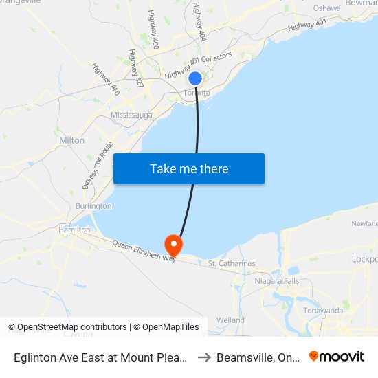 Eglinton Ave East at Mount Pleasant Rd to Beamsville, Ontario map