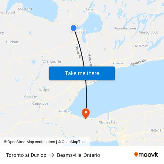 Toronto at Dunlop to Beamsville, Ontario map