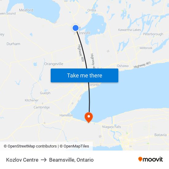 Kozlov Centre to Beamsville, Ontario map