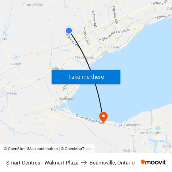 Smart Centres - Walmart Plaza to Beamsville, Ontario map